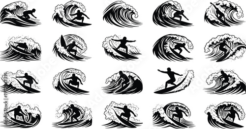 surfing,surfer,wave,ocean,sea,sport,action,extreme,water,beach,silhouette,black,white,vector,illustration,graphic,design,adventure,energy,motion