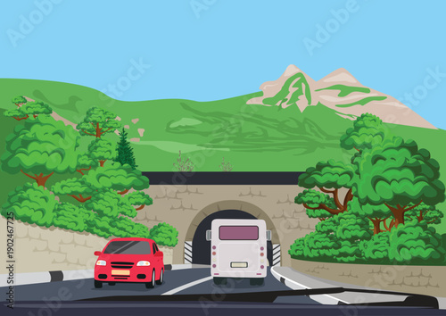 A view from a car onto a paved mountain road leading to a tunnel. A symbol of travel and relaxation. Hand-drawn vector illustration of a car journey.