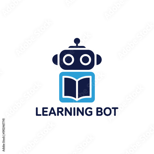 A blue and dark blue graphic of a robot reading a book