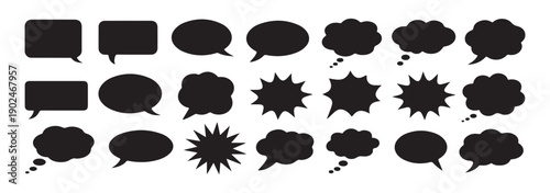 Variety of speech and thought bubble shapes in black filled style including comic burst shapes