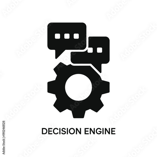 Black icon depicting speech bubbles and a gear labeled decision engine