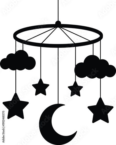 Baby crib mobile silhouette, hanging moon stars clouds, nursery decor illustration, bedtime sleep concept, minimal black vector design for children