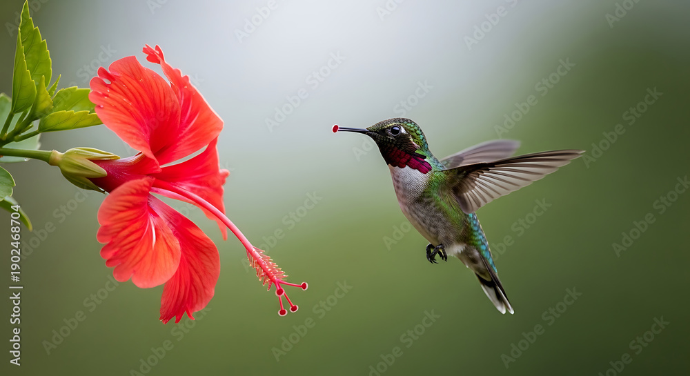 Obraz premium Ruby Throated Hummingbird Hovering Near a Vibrant Red Hibiscus Flower