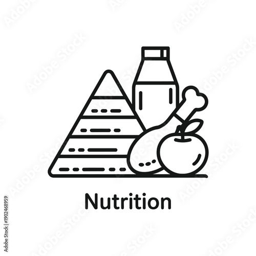 A line drawing depicts a nutritional food pyramid with various food items