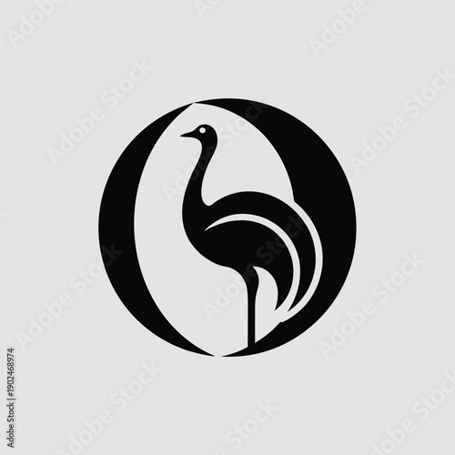 Simple stylized black ostrich silhouette inside a letter O vector illustration