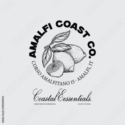 Vintage Amalfi Coast Lemon Illustration with Elegant Typography.