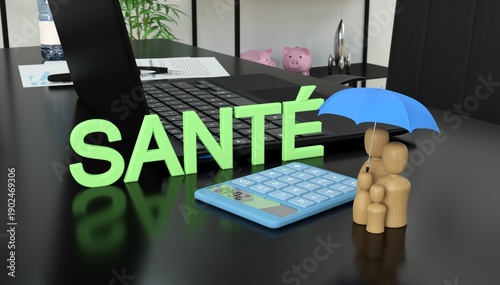 Konstfotografi une famille de personnages en bois posée sur un bureau à côté du mot SANTÉ, prév