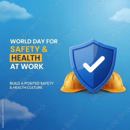 World day for safety and health at work with a shield and hard hats