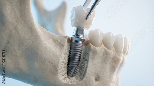 Dental Implant Procedure Illustration. Concept featuring dental implant, jawbone, oral surgery, dentistry, tooth replacement.