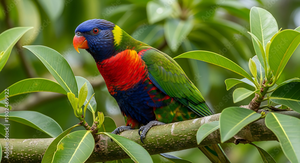 Fototapeta premium Vibrant Rainbow Lorikeet Perched on a Lush Green Branch in Tropical Nature