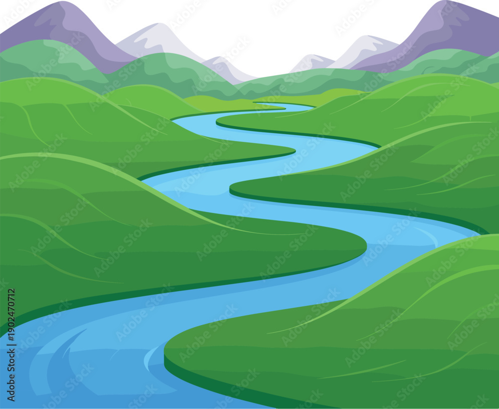 Fototapeta premium A winding river flows through green hills and mountains vector on landscape background.