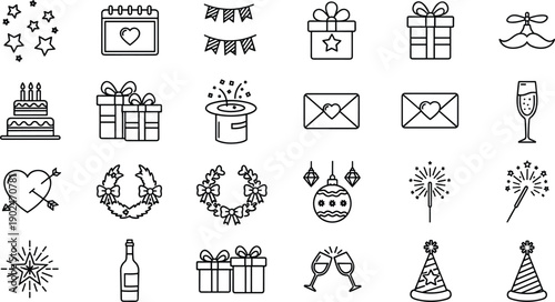 celebration party holiday birthday christmas valentine wedding festive icons symbols line vector set