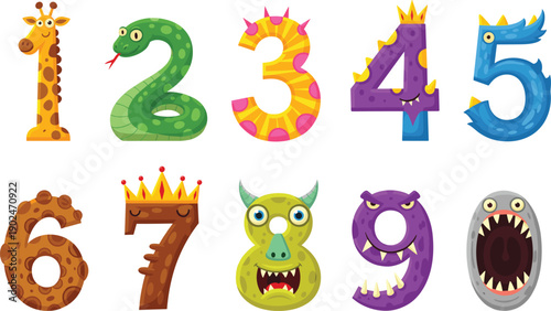 Cute Monster and Animal Number Set from Zero to Nine for Childrens Education, Birthday Party Invitations, School Math Posters, and Nursery Wall Art