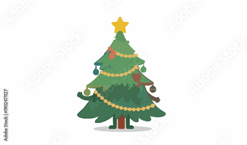 Cute cartoon hand drawn Christmas tree character with festive decorations kids holiday vector illustration