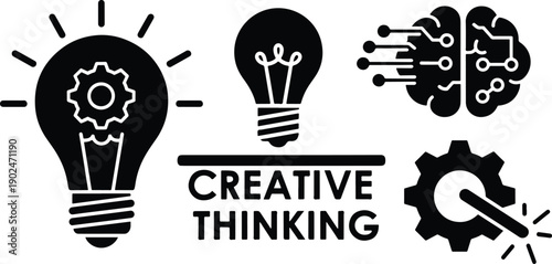 Vector illustration set of creative thinking symbols including light bulb brain and gear icons for innovation concepts