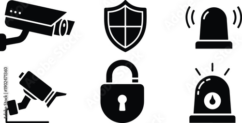 Vector security icons including CCTV camera shield alarm siren and padlock symbols