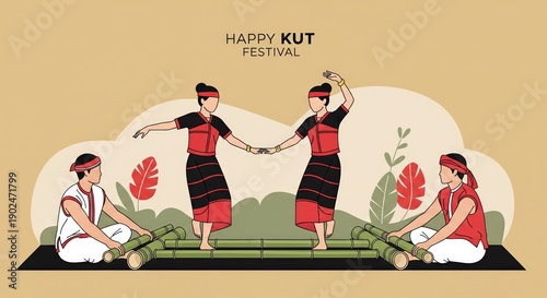 Happy Kut Festival Banner with Traditional Cheraw Bamboo Dance