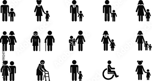 family people icons silhouettes parents children relationships generations care support diversity social illustration