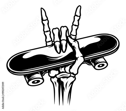 Skater Skeleton Hand Vector Illustration - Rock On Gesture Holding Skateboard Silhouette - Edgy Urban Graphic for Skateboarders, Streetwear and Tattoo Art
