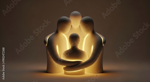 Abstract 3D Art of Three Entities Hugging and Protecting a Smaller Figure