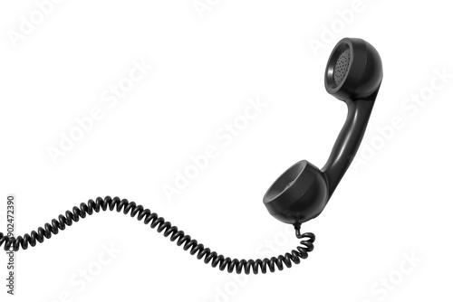 Classic corded telephone handset with coiled cable, realistic style, isolated on white background. Concept of vintage communication and connection. 3D Rendering