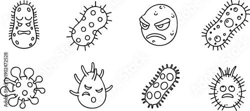 Abstract character outlines various facial expressions dark background minimalist style