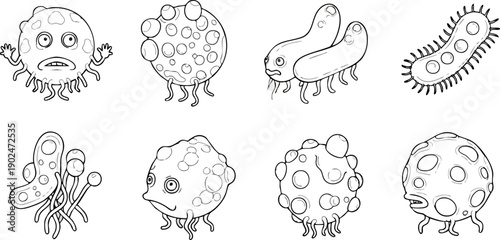 Abstract microorganism illustrations simple black and white outlines conceptual design dark aesthetic