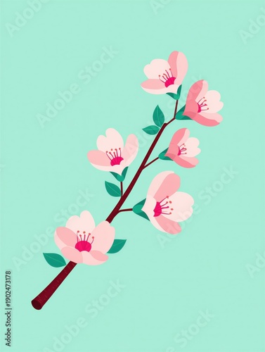 Flat vector illustration of a cherry blossom branch with pink flowers and green leaves on a mint background. Spring floral design concept.