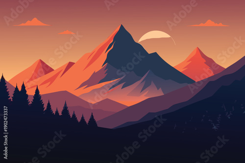 Mountain landscape with glowing sunset and sunrise light over snowy peaks, clouds, and misty valley panorama