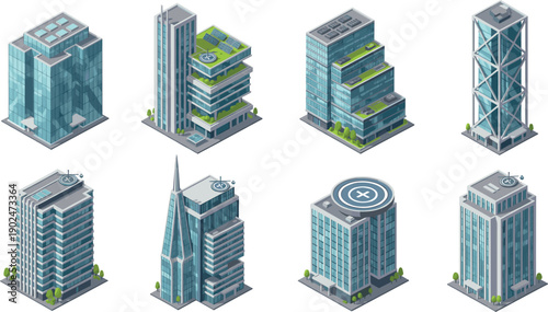 Isometric modern skyscraper buildings set with helipad rooftops for smart city urban architecture design projects