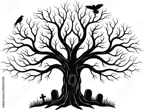 haunted, tree, silhouette, spooky, gothic, graveyard, cemetery, dark, halloween, horror, mystery, eerie, night, branches, raven, crow, fantasy, illustration, nature, ominous