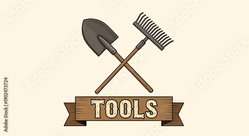 Gardening tools shovel and rake crossed with tools label  