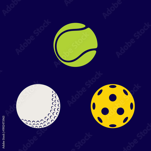 Tennis ball, golf ball, and pickleball set of icons