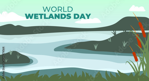 World Wetlands Day. Background design, illustration of swamp ecosystem, land, water, grass