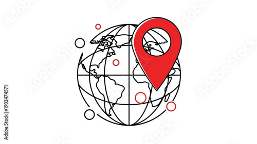 Global positioning concept featuring a world globe and a red location pin for international logistics, travel, and mapping.