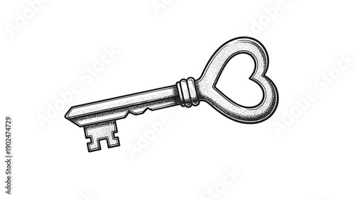 Vintage metal key with a heart-shaped bow representing love, secrets, or a romantic home for valentine and wedding themes.