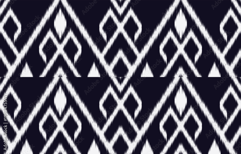 Fototapeta premium Ethnic ikat seamless pattern. hand drawn craftsmanship embroidery bohemian, abstract square geographic art fabric ikat textile material design for curtain, carpet, wallpaper, clothing, Batik.