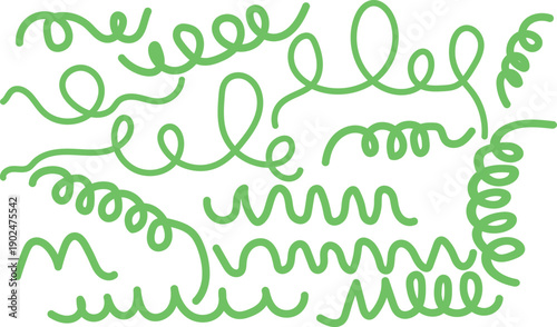 A collection of green squiggly lines on white background creating playful visual effect