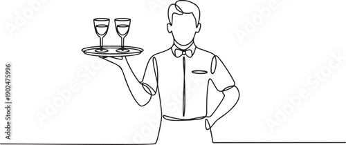 Single one line drawing of young waiter man holding metal tray with glass to serve.one line vector illustration with white background
