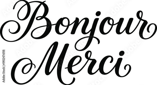 Calligraphy French greetings Bonjour and Merci vector illustration