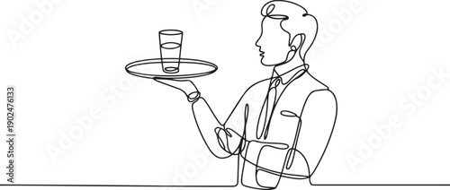 Single one line drawing of young waiter man holding metal tray with glass to serve.one line vector illustration with white background