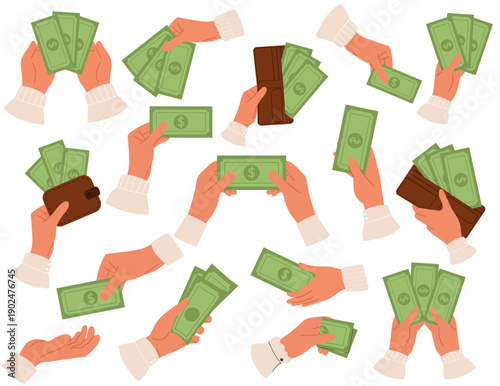 Set of palms holding paper dollar money and wallet with dollar bills