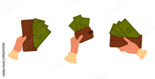 Set of hands holding wallet with paper dollar bills. Human palms with pocket full of money