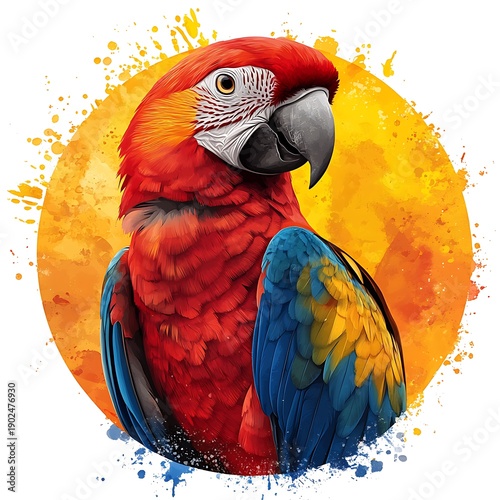 Scarlet Macaw Parrot Portrait with Yellow Splatter Background Keywords: macaw, parrot, photo