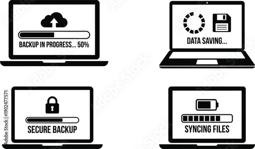 Laptop screen displaying data backup progress bar illustration