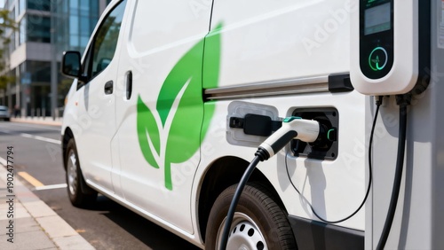 Electric delivery van charging at city station sustainable logistics concept