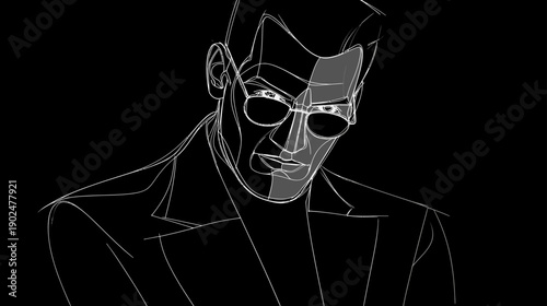 Stylish monochromatic vector portrait of a mysterious man in sunglasses and suit. Slicked back hair, serious expression on black background.