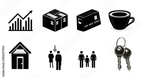Collection of essential business, finance, shopping, real estate, and daily life concept icons. Simple graphic elements.