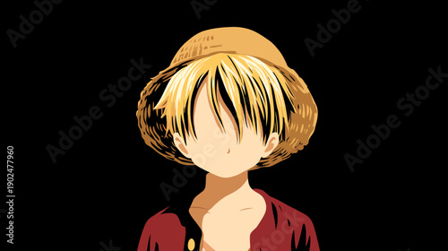 Anime-style portrait of a mysterious young person wearing a straw hat with an obscured face against a dark background