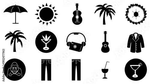 Set of black and white vector icons for summer vacation, tropical travel, leisure, beach, and fashion activities